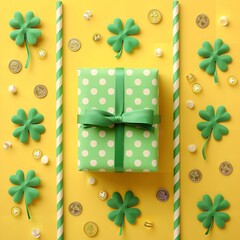Top view photo of st patrick's day decorations clover shaped party glasses straws green bow-tie giftbox with polka dot pattern trefoils and gold coins on isolated yellow background with empty