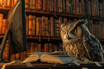 A wise owl perches atop a bookcase, intently studying the screen of a computer monitor in an indoor sanctuary of knowledge