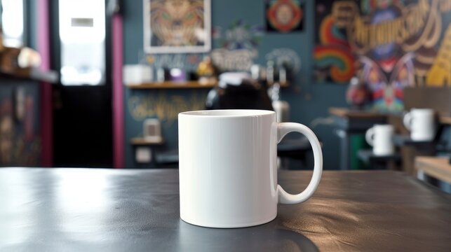 A white mug on a table in a tattoo parlor, with tattoo equipment and designs in the background, mug mock-up 