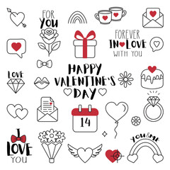 Happy Valentine's day doodles set with hand written lettering and cute elements. Holiday design collection for card, decor paper, banner. Vector illustration.