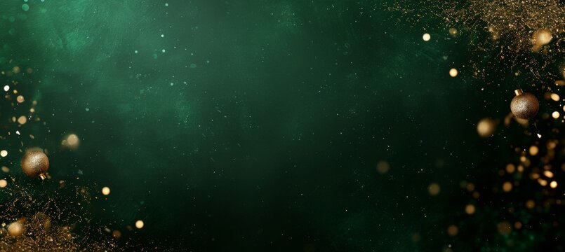 Elegant gold bokeh lights on defocused emerald green background for banner or backdrop