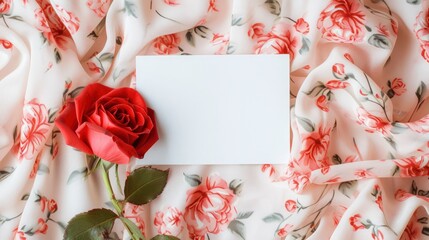 Red Rose with Blank Card on Floral Fabric