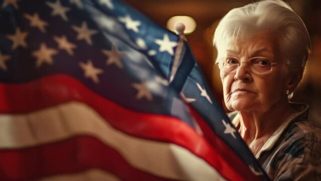 Senior woman is proud to be an American, very old woman with American flag.