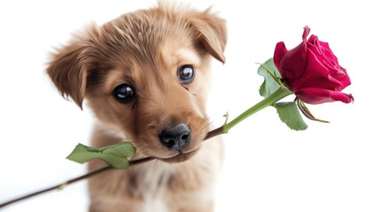cute innocent puppy Dog holding a red rose in mouth isolated on white background
