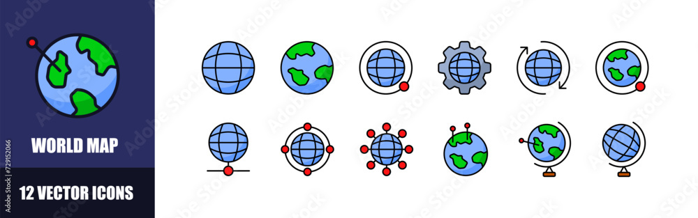 Poster world map icon set. flat style. vector icons
