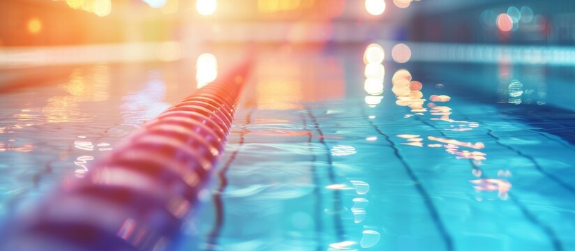 Abstract blurred background with bokeh effect showcasing a swimming competition at a fitness center.