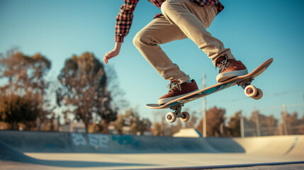 dynamic moment of a skateboarder performing a trick, with a focus on the skateboard and the person's feet against a clear blue sky. - obrazy, fototapety, plakaty