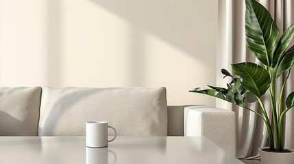 In a minimalist Scandinavian living room, a white mug is placed on a sleek coffee table, complementing the clean aesthetic