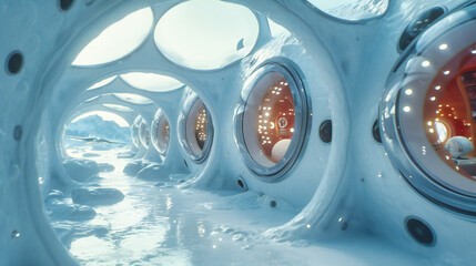 Underwater ice tunnel with a mesmerizing blue ambiance, showcasing the beauty and mystery of frozen...