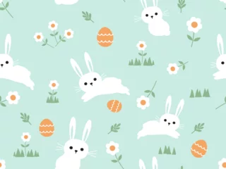 Foto op Aluminium Easter seamless pattern with bunny rabbit cartoons, green grass, daisy flower and orange eggs on green background vector illustration. © Thanawat