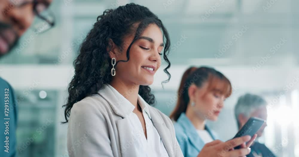 Wall mural Typing, woman and phone with business people in office for communication, reading text message or notification. Happy, person and entrepreneur with smartphone in boardroom for mobile chat or internet