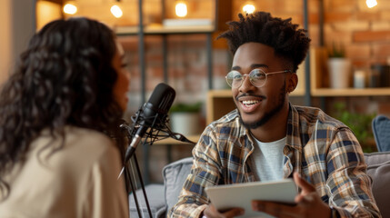 young person with glasses is smiling at a person holding a tablet, with a microphone in the foreground, suggesting an interview or podcast setting. - obrazy, fototapety, plakaty