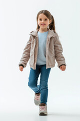 girl wearing Casual attire, walking forward, white background