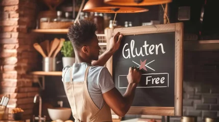 Deurstickers man is writing "Gluten Free" on a blackboard with a piece of chalk. © MP Studio