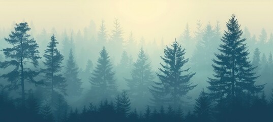 Pine forest. Silhouette wood tree background, wild nature woodland landscape. Vector image foggy tall trees misty engraved scene