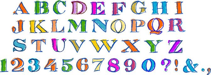 Vintage Serif Fonts Alphabet Crayon Chalk Drawing Colorful