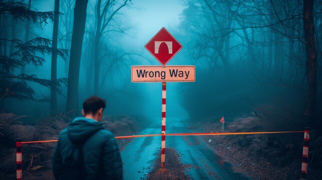 Man standing at crossroads with a signpost indicating  wrong way  amidst confusion and indecision