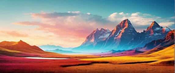 Photo Realistic Landscape of Desert  and cacti with colorful sky and clouds