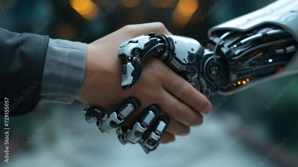 Aufkleber close up of ai robot handshake businessman. artificial intelligence concept. human robot relationshi