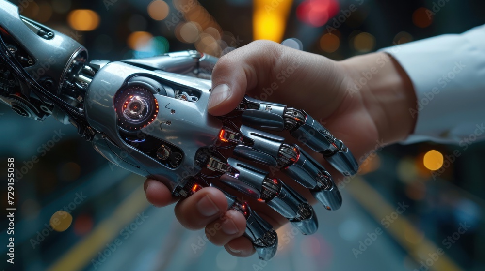Aufkleber close up of ai robot handshake businessman. artificial intelligence concept. human robot relationshi