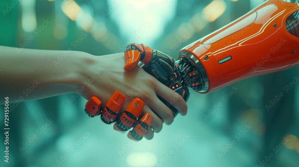 Poster close up of ai robot handshake businessman. artificial intelligence concept. human robot relationshi