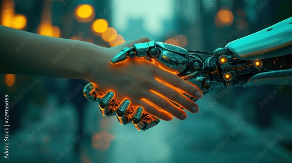 Poster close up of ai robot handshake businessman. artificial intelligence concept. human robot relationshi