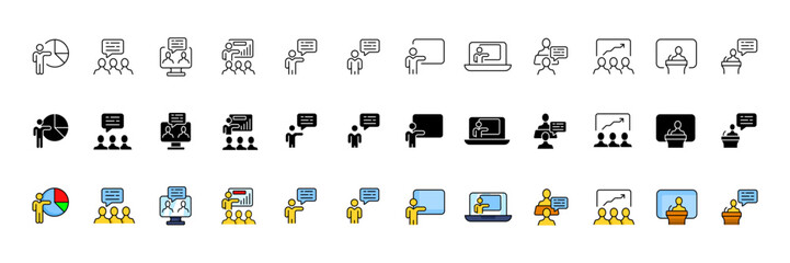 Community icon set. Conference icons. Linear, silhouette and flat style. Vector icons