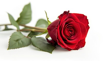 Single red rose isolated on white background, valentine day concept