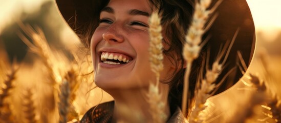 A laughing cowgirl gripping wheat.