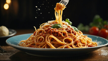 A close up shot of a fork lifting a delicious twirl of classic spaghetti from a plate and showcasing the timeless beauty of traditional Italian pasta