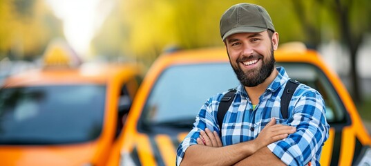 Confident bearded taxi driver by yellow cab, arms crossed, stylish hat, ample text space
