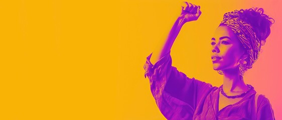 woman raising  fist  for international women's day and the feminist movement. March 8 for feminism, independence, freedom, empowerment, and activism for women rights horizontal background,