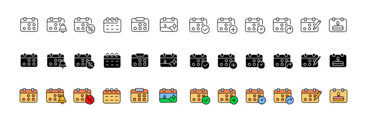 Calendar collection. Calendar icons set. Linear, silhouette and flat style. Vector icons