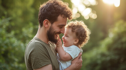 Fototapeta premium joyous moment between a father and his young child, both with curly hair, smiling and laughing together in a close, loving embrace
