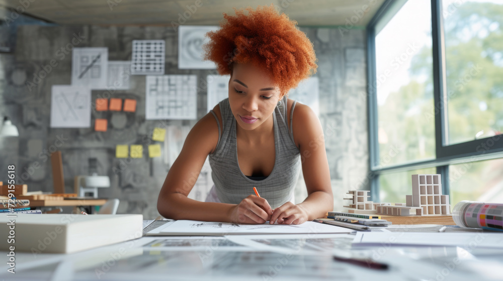 Poster focused woman with short red hair is working on architectural drawings at a drafting table with sket