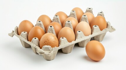Ten eggs in a crate against white background