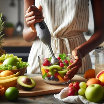 Female hands use a hand blender to mix fresh fruits in the kitchen