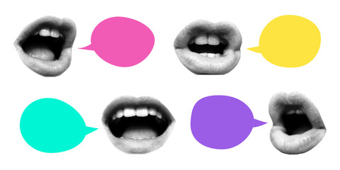 Set of speech bubbles of different bright colors, halftone collage banner with mouths and lips. Paper cut elements, retro pop art style. - obrazy, fototapety, plakaty