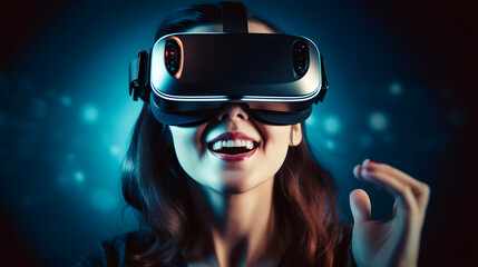 Young woman using glasses of virtual reality on dark background. Smartphone using with VR headset,virtual reality,future technology. generative AI.