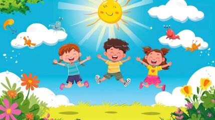 Naklejka premium Happy Children Jumping Under a Sunny Sky