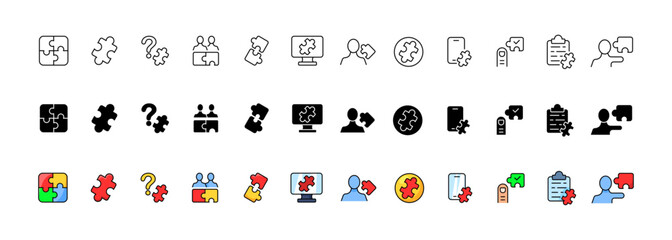 Puzzles icon collection. Linear, silhouette and flat style. Vector icons