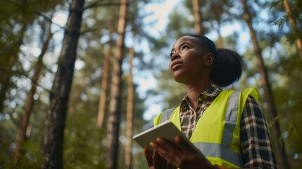 middle-aged woman in a forest looking up thoughtfully while holding a digital tablet, wearing a yellow reflective vest over a plaid shirt.