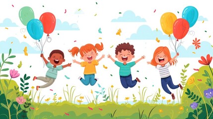 Fototapeta premium Happy Children Jumping with Balloons and Confetti