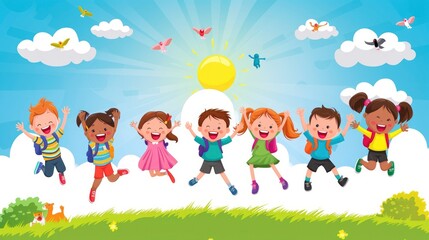 Vector illustration of happy school kids jumping together during a sunny day