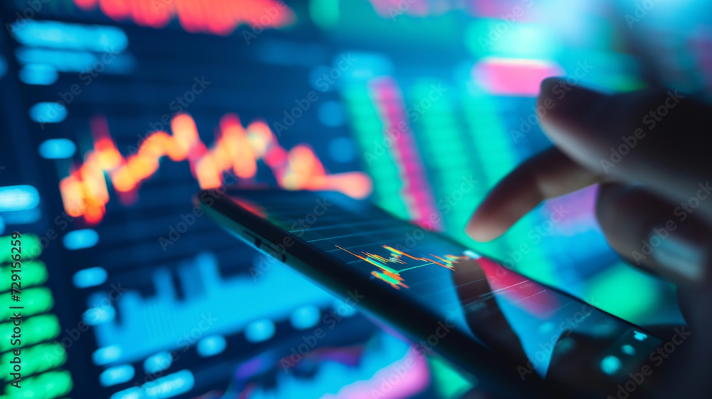 Wall mural a person is holding a smartphone with stock market data on the screen, with a blurred background showing a computer monitor with financial graphs