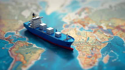 Truck ship on map global shipping route logistics supply chain trade commerce business economy asia europe china US india relations sanction politics network land sea - obrazy, fototapety, plakaty