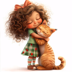 Cute girl with curly hair with a shiny bow, in a menthol T-shirt with strawberries, skirt with pockets, striped tights and shoes with clasps, hugging a big Cute Cat