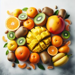 Fresh fruits mango, tangerines kiwi on a white background
