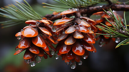 Drops of sap cling to the bark of a pine tree