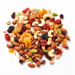 dry fruits with nuts on white isolate made with generative ai